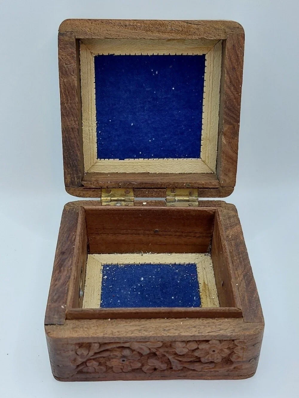 Vintage Hand Carved Wooden Trinket Jewelry Box Floral Folk Art Keepsake Storage